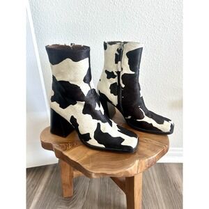 ALOHAS Womens Ankle Boots Calf Hair Cow Print Square Toe Block Heel Sz 38 US 7.5